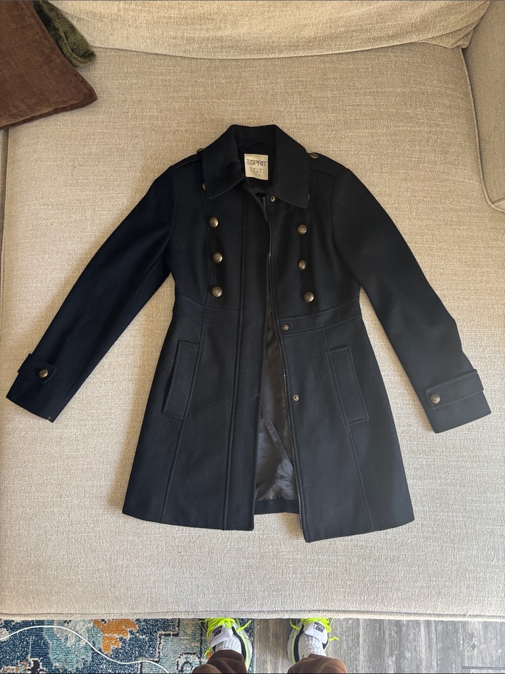 Esprit Black Double-Breasted Pea Coat with Military Buttons